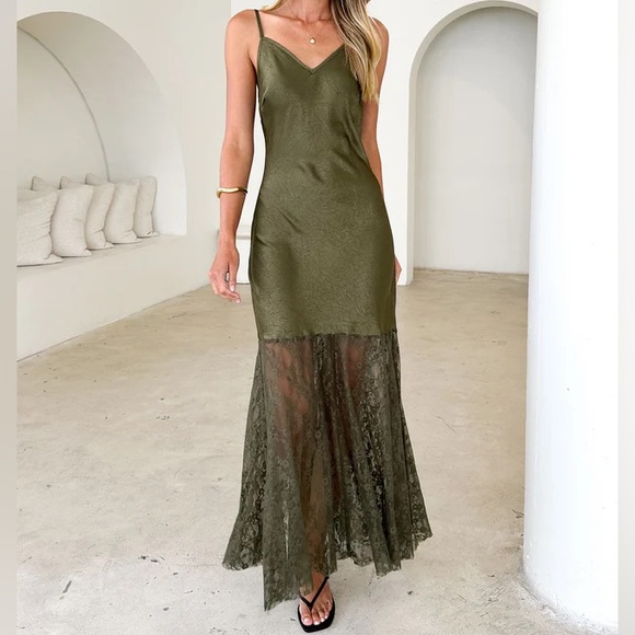 Ebby And I Dresses & Skirts - Ebby And I Satin Spaghetti Strap Maxi Dress Khaki Green Lace Trim Size 8 NEW